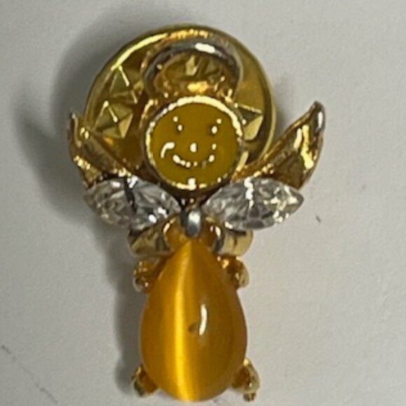 Angel of Happiness Gold Tone Rhinestone Wings Smiley Face Hat Vest Lapel Pin - Picture 5 of 14
